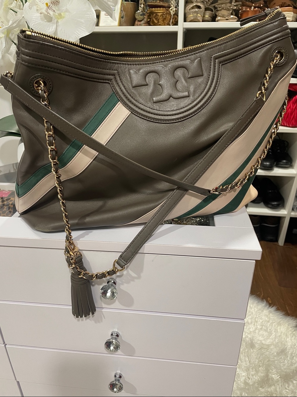 Tory Burch Olive Shoulder Bag with Cream & Forest Green Stripes